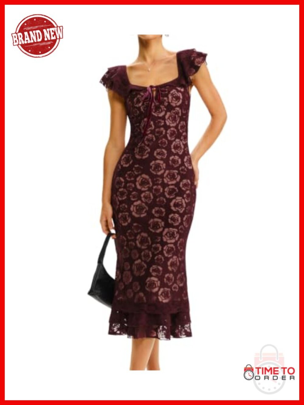 Lace Midi Dress Square Neck Ruffled Sleeve Fishtail Formal Party